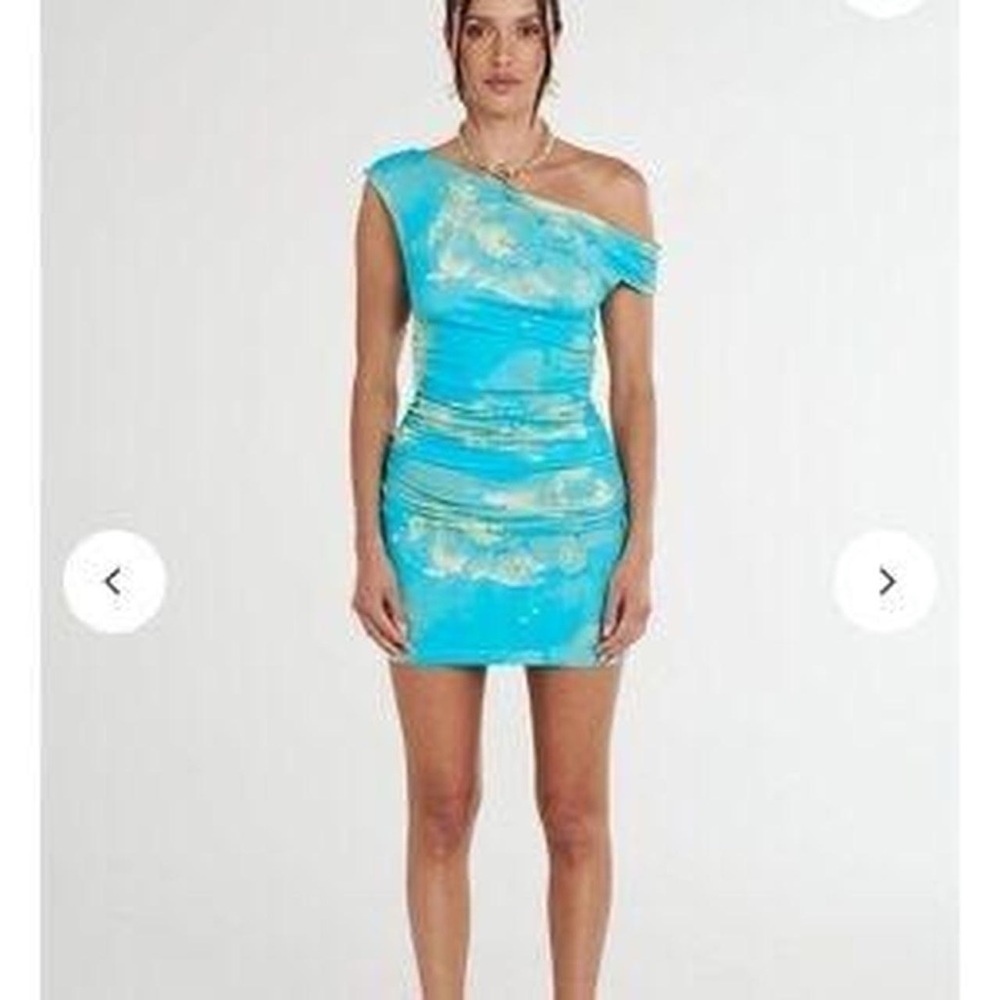 Turquoise One-Shoulder Ruched Mini Dress with Gold Accents